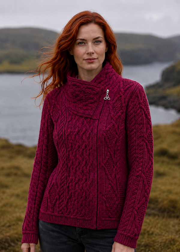 Aran Crafts Ladies Side Zip Cardigan | Berry