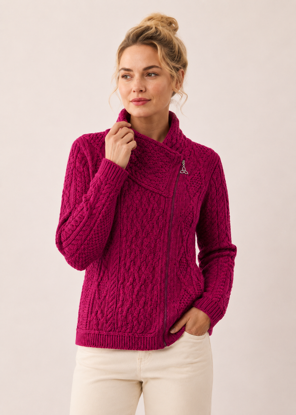 Aran Crafts Women's Berry Shannon Cable Knit Side Zip Merino Wool Jacket | Made in Ireland