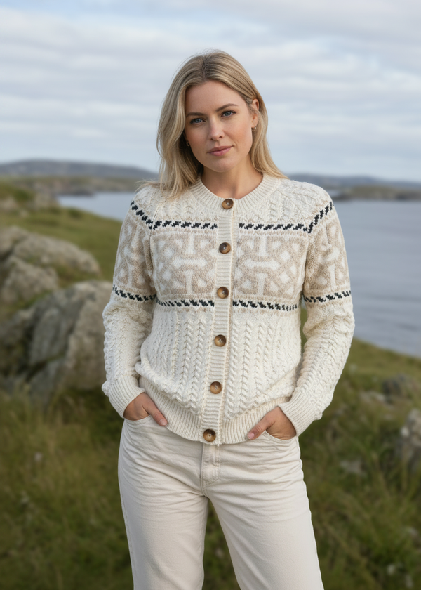 Aran Merino Wool Celtic Design Cardigan | Natural