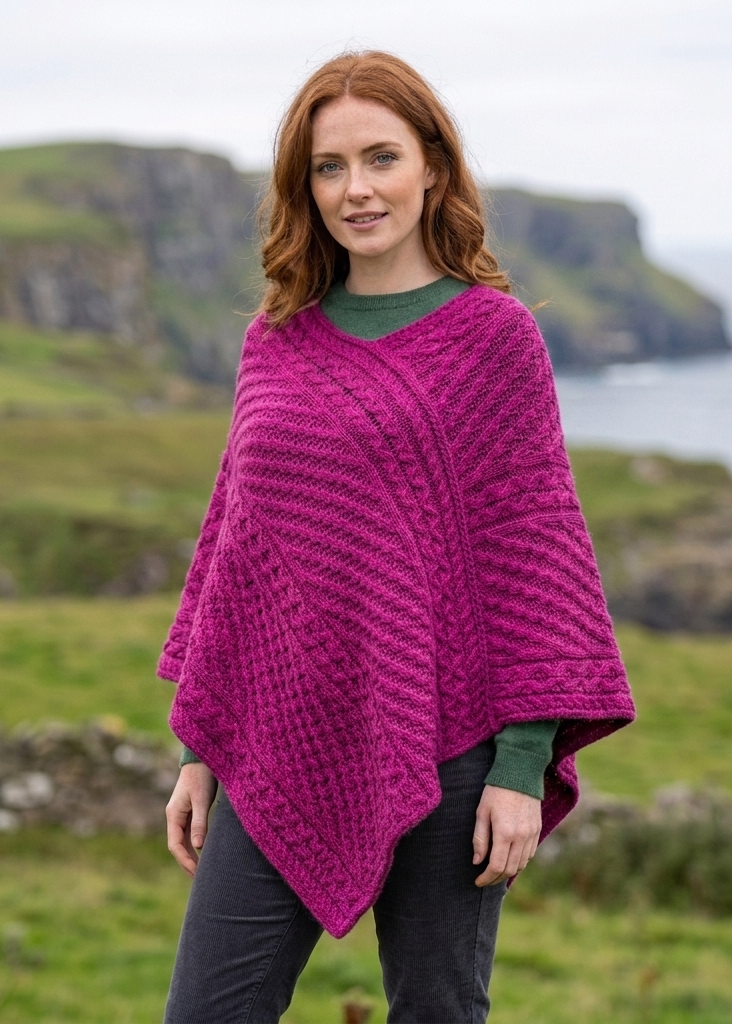 Aran Merino Wool V Neck Poncho | Raspberry Marl