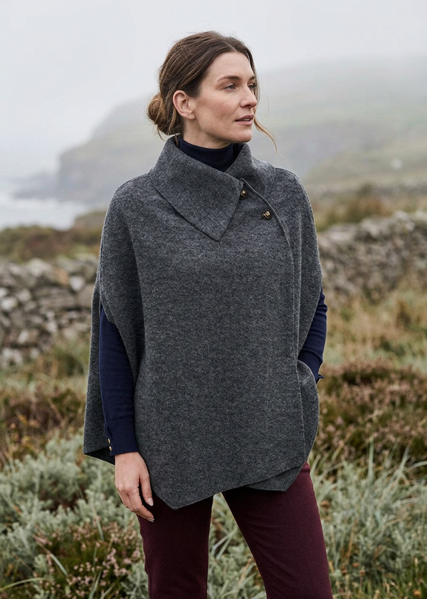 Aran Woollen Mills 100% Pure New Wool Poncho Cape | Grey - Clearance