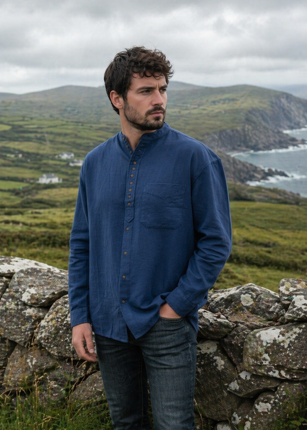 Irish Grandfather Shirt | Ink Blue Cotton Linen Blend | Civilian