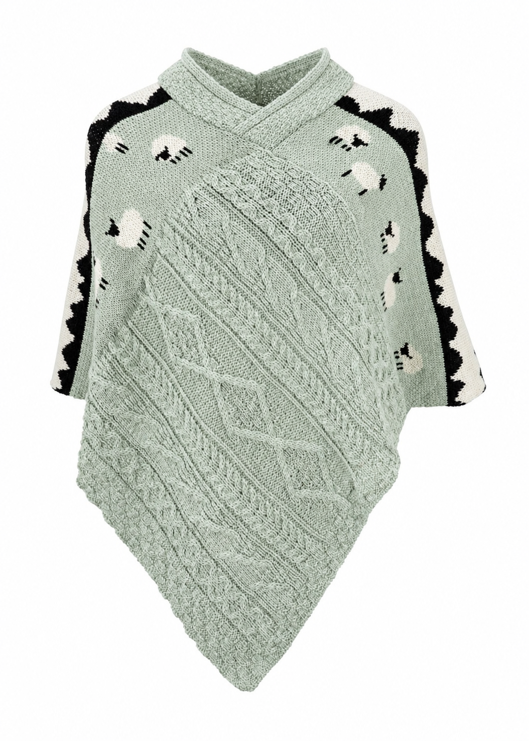 Ladies Sheep Scene V Neck Poncho | Sage Green | 100% Pure Wool