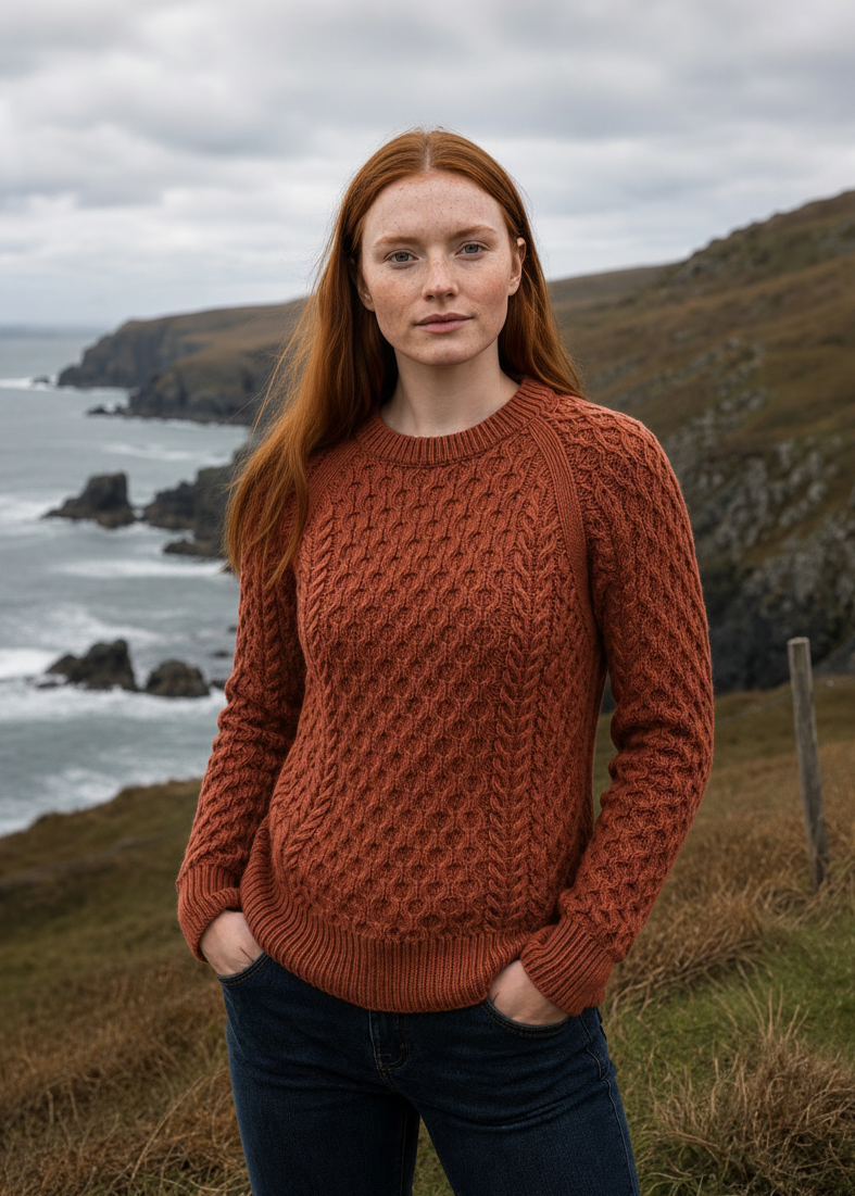 Ladies Slim-Fit Aran Sweater in Terracotta | 100% Merino Wool