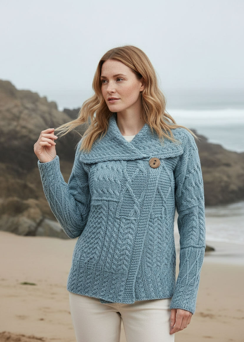 Patchwork Ladies Aran Cardigan | Mist Marl