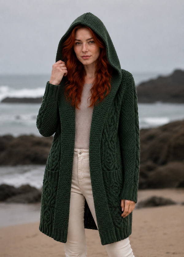 Women's Classic Long Hooded Cardigan | Army Green