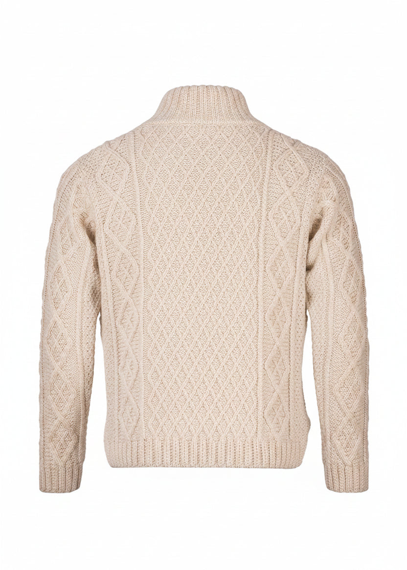 Men's Aran Merino Wool Button Collar Sweater | White - Clearance