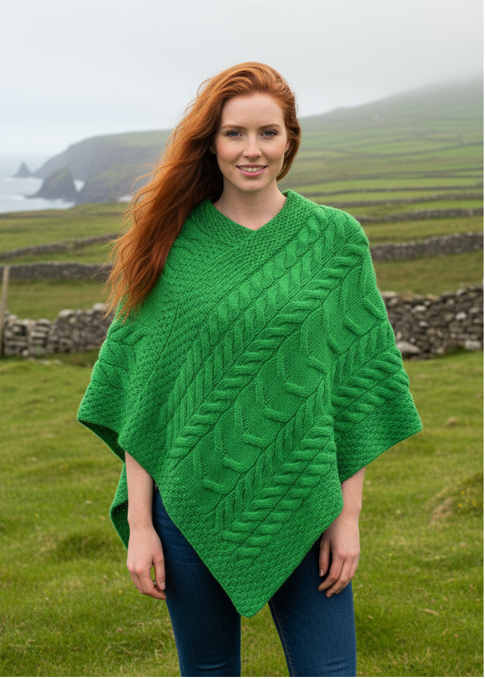 Kiwi Green aran irish poncho b676