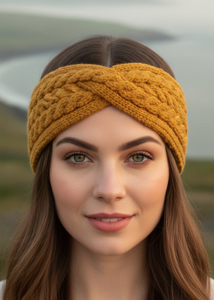 yellow knitted aran headband 