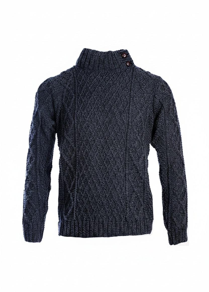 Men's Aran Merino Wool Button Collar Sweater | Charcoal