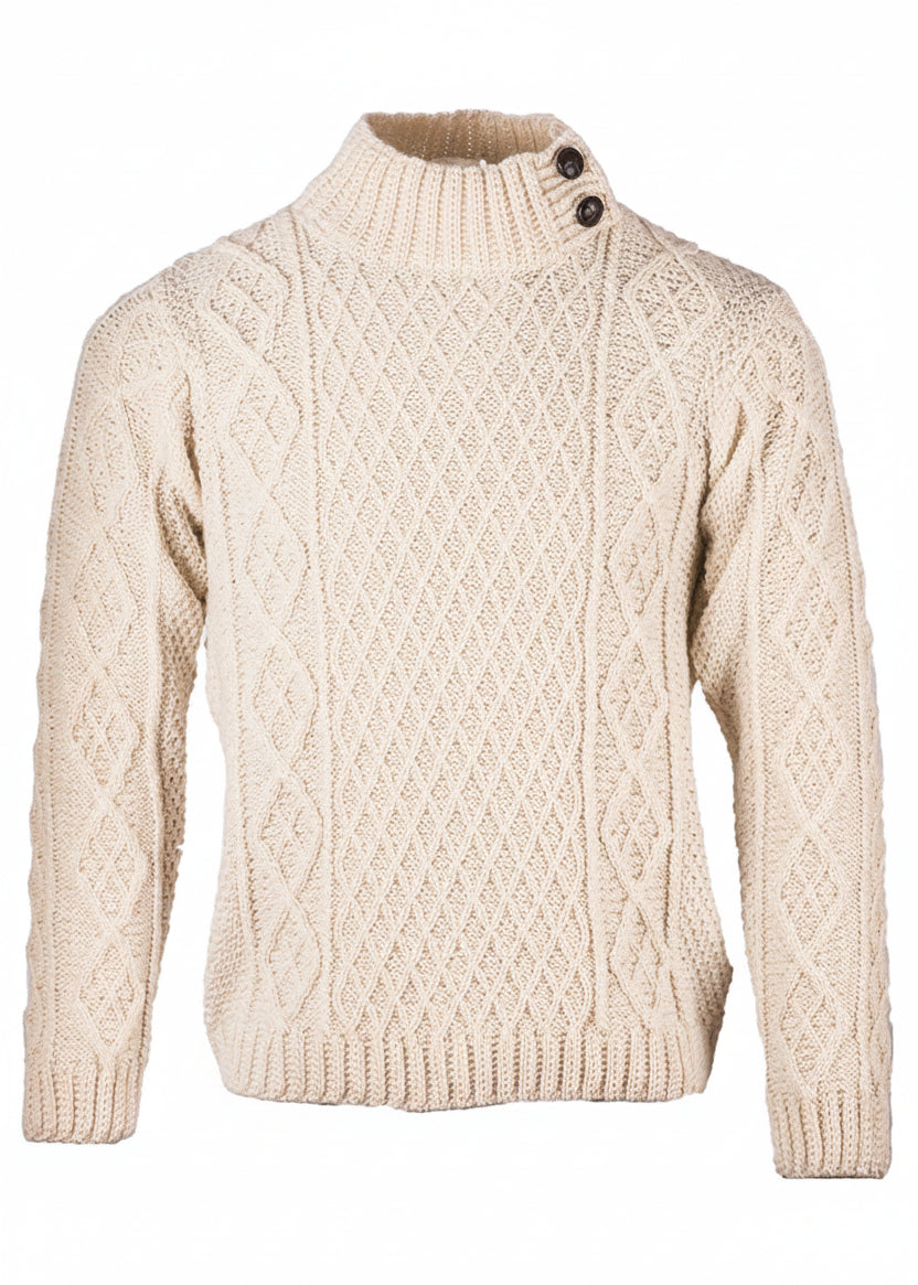 Men's Aran Merino Wool Button Collar Sweater | White - Clearance