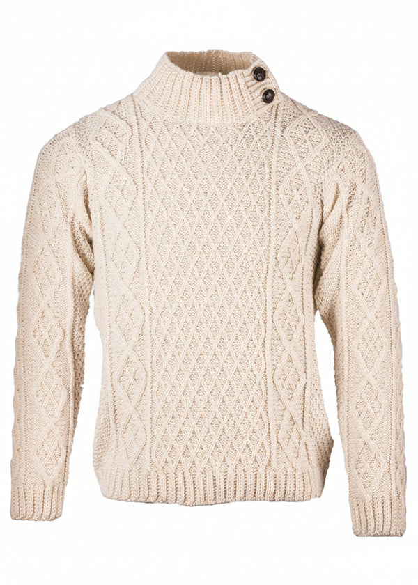 Men's Aran Merino Wool Button Collar Sweater | White - Clearance