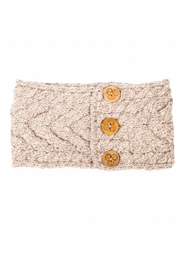 Knitted headband with three buttons on a white background