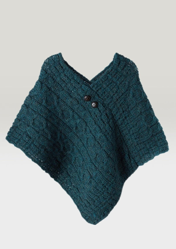 Aran Cable Knit Wool Poncho - Mallard