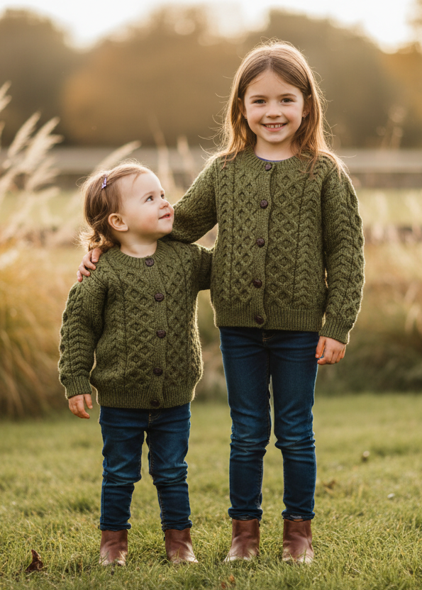 Children's Aran Merino Wool Cardigan | Green - Clearance