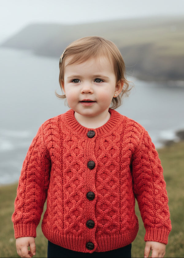 Children's Aran Merino Wool Cardigan | Coral - Clearance
