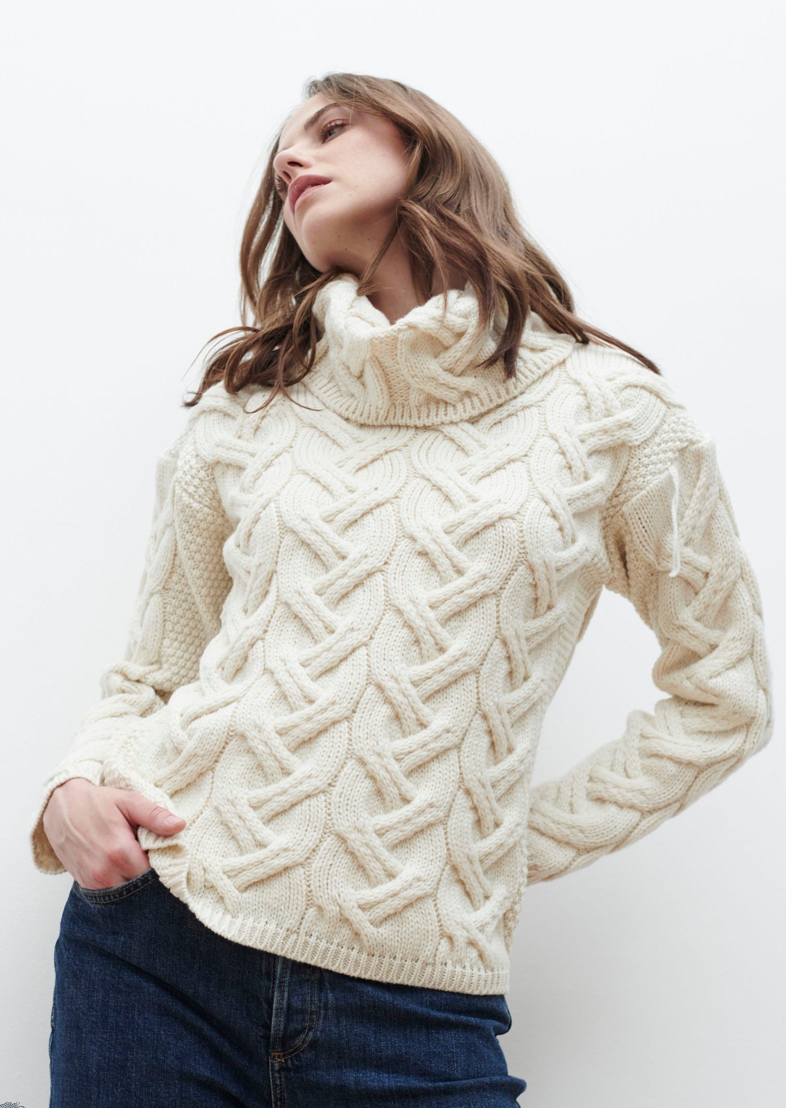Aran Cowl Neck Chunky Sweater - Natural