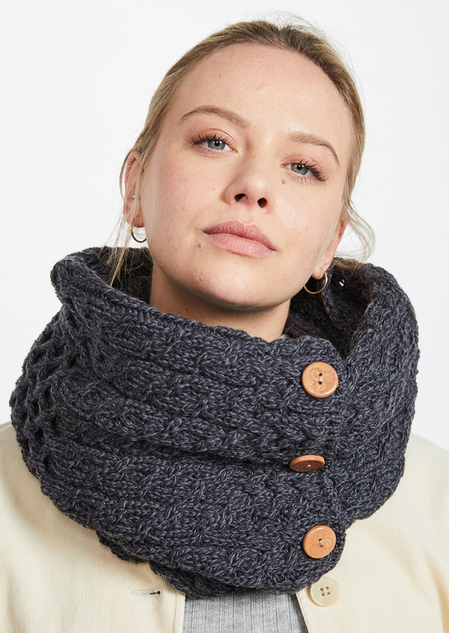 Aran Buttoned Snood - Charcoal