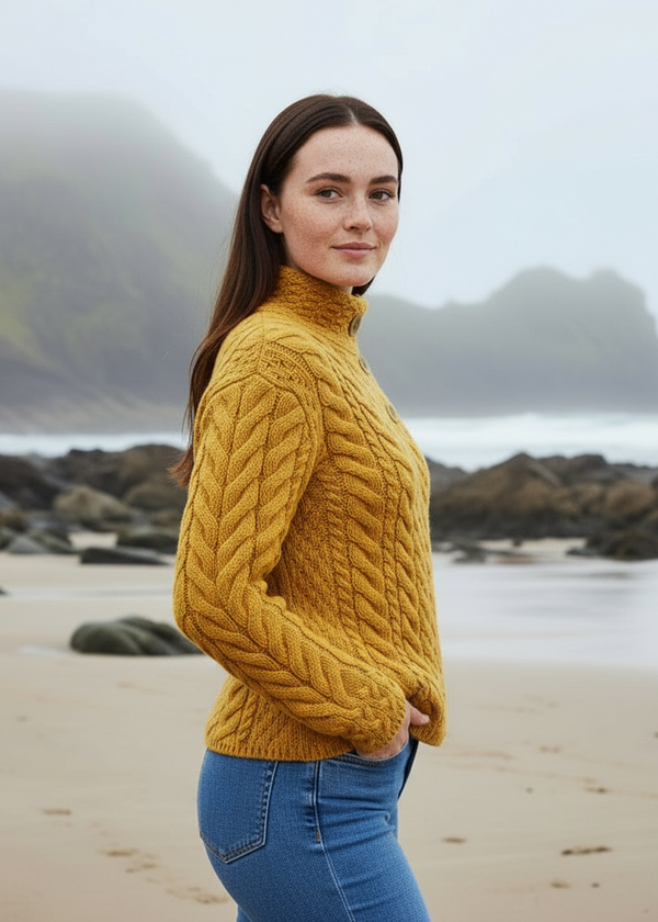 Aran 3 Buttons Trellis Cardigan | Sunflower