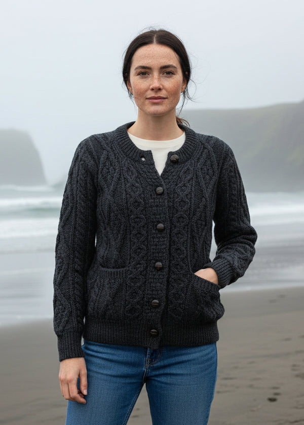 Inagh Ladies Aran Cardigan | Charcoal