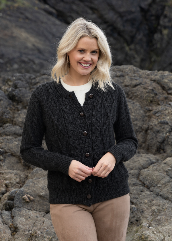 Ladies Aran Cardigan | Charcoal