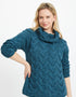 Women's Aran Cowl Neck Chunky Sweater | Irish Sea