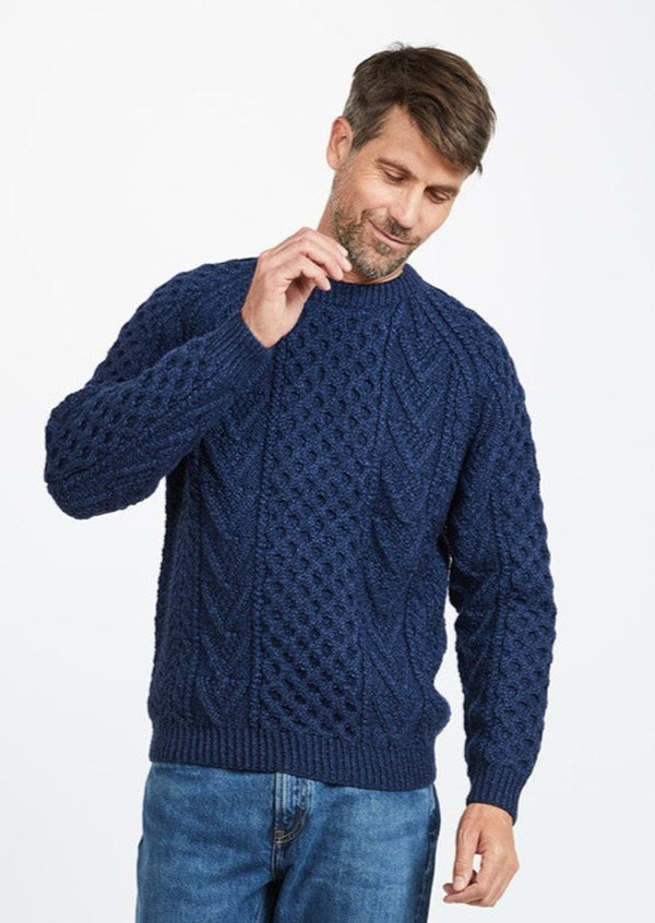 Aran Handknit Crew Neck Sweater - Blue