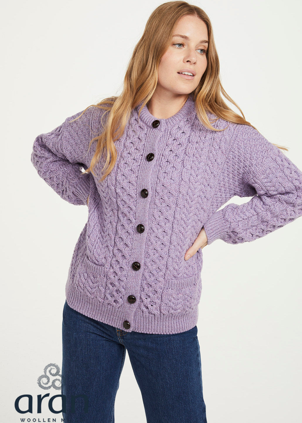 Achill Island Ladies Aran Cardigan | Lavender