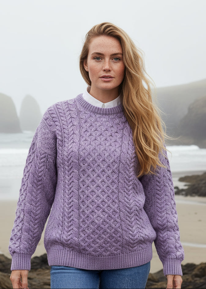 Traditional Ladies Merino Aran Sweater | Lavender