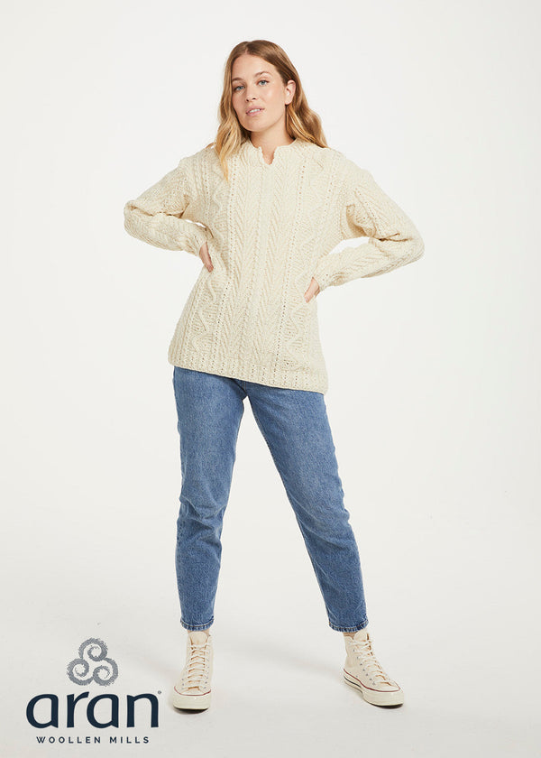 Relaxed Fit V Neck Ladies Aran Sweater | Natural 
