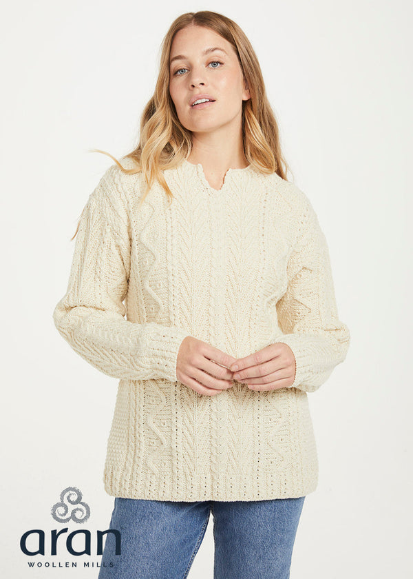 Relaxed Fit V Neck Ladies Aran Sweater | Natural 