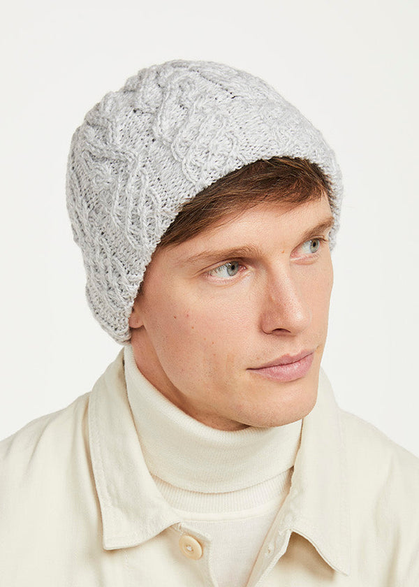 Aran Merino Wool Hat - Traditional Irish Cable Knit | Feather Grey - Clearance