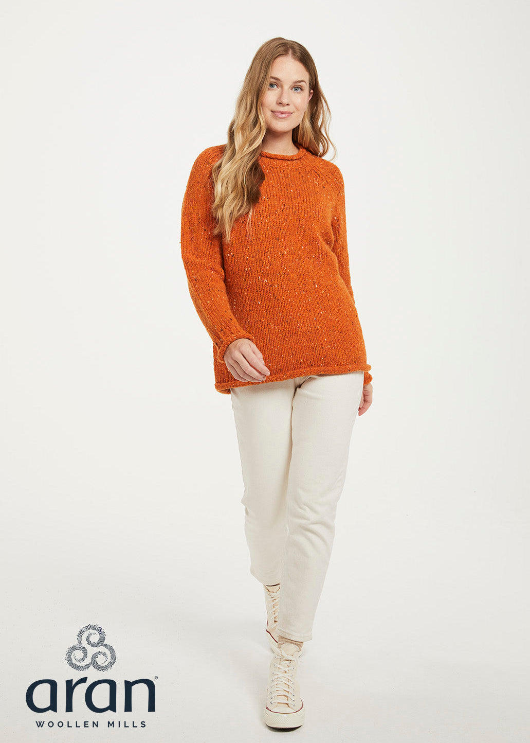 Ladies Donegal Roll Neck Sweater - Orange | 100% Wool Knitwear
