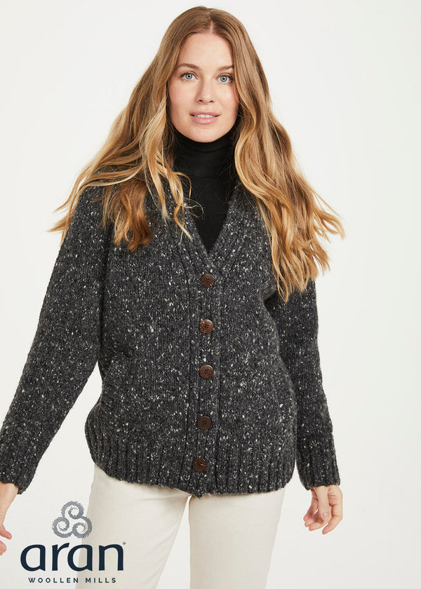 Ladies Donegal Tweed Cardigan with Side Pockets | Charcoal