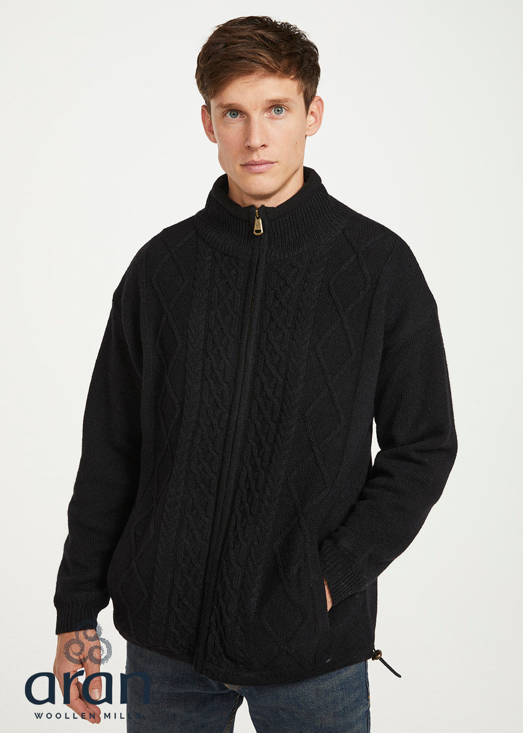 Mens Lined Wool Aran Cardigan