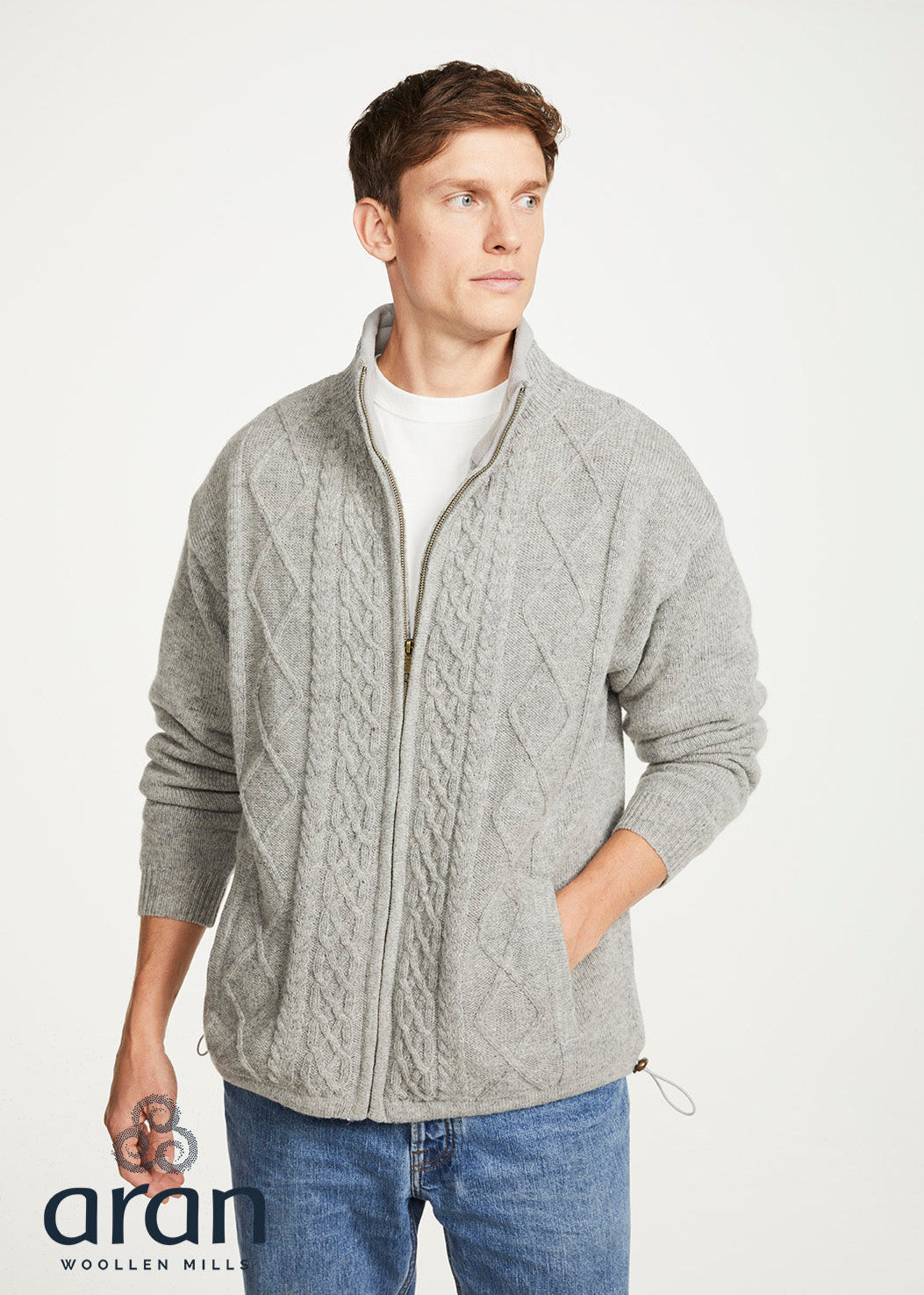 Mens Lined Wool Aran Cardigan | Grey