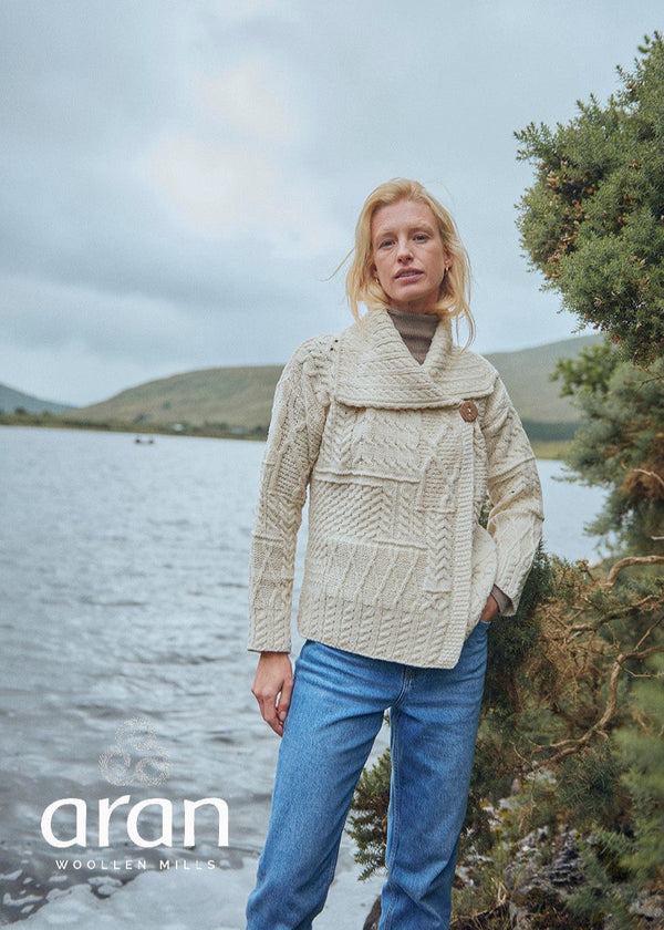 Patchwork Ladies Aran Cardigan | Natural