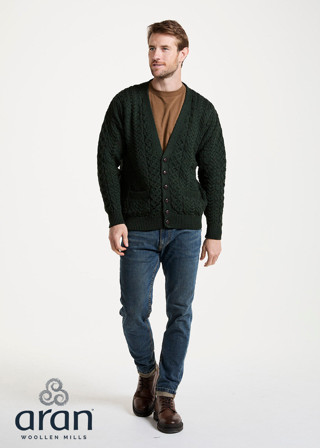 Mens Merino Wool V Aran Cardigan - Green