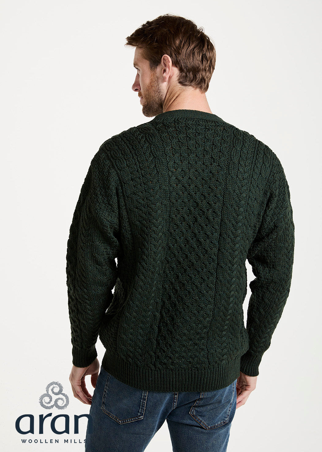 Mens Merino Wool V Aran Cardigan - Green