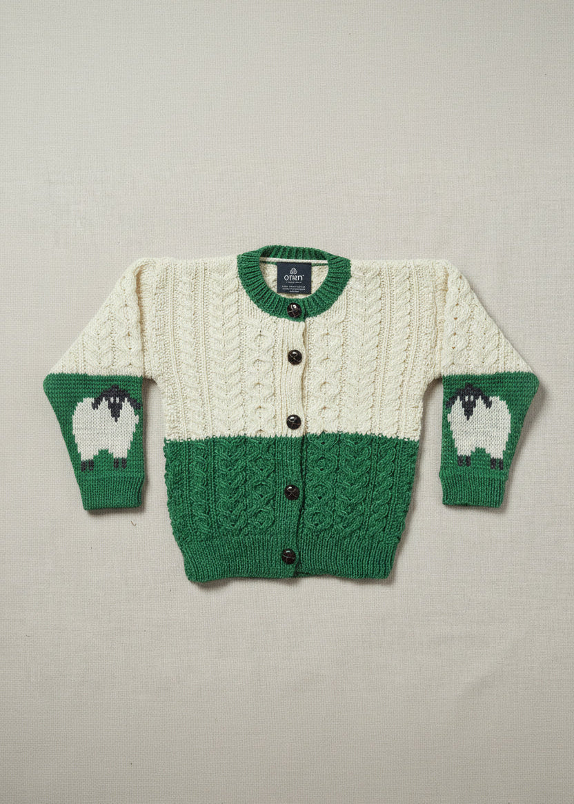 Children's Aran Merino Wool Sheep Cardigan | Green - Clearance
