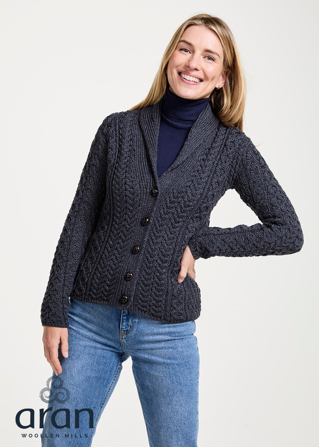 Shawl Collar Merino Aran Cardigan | Charcoal