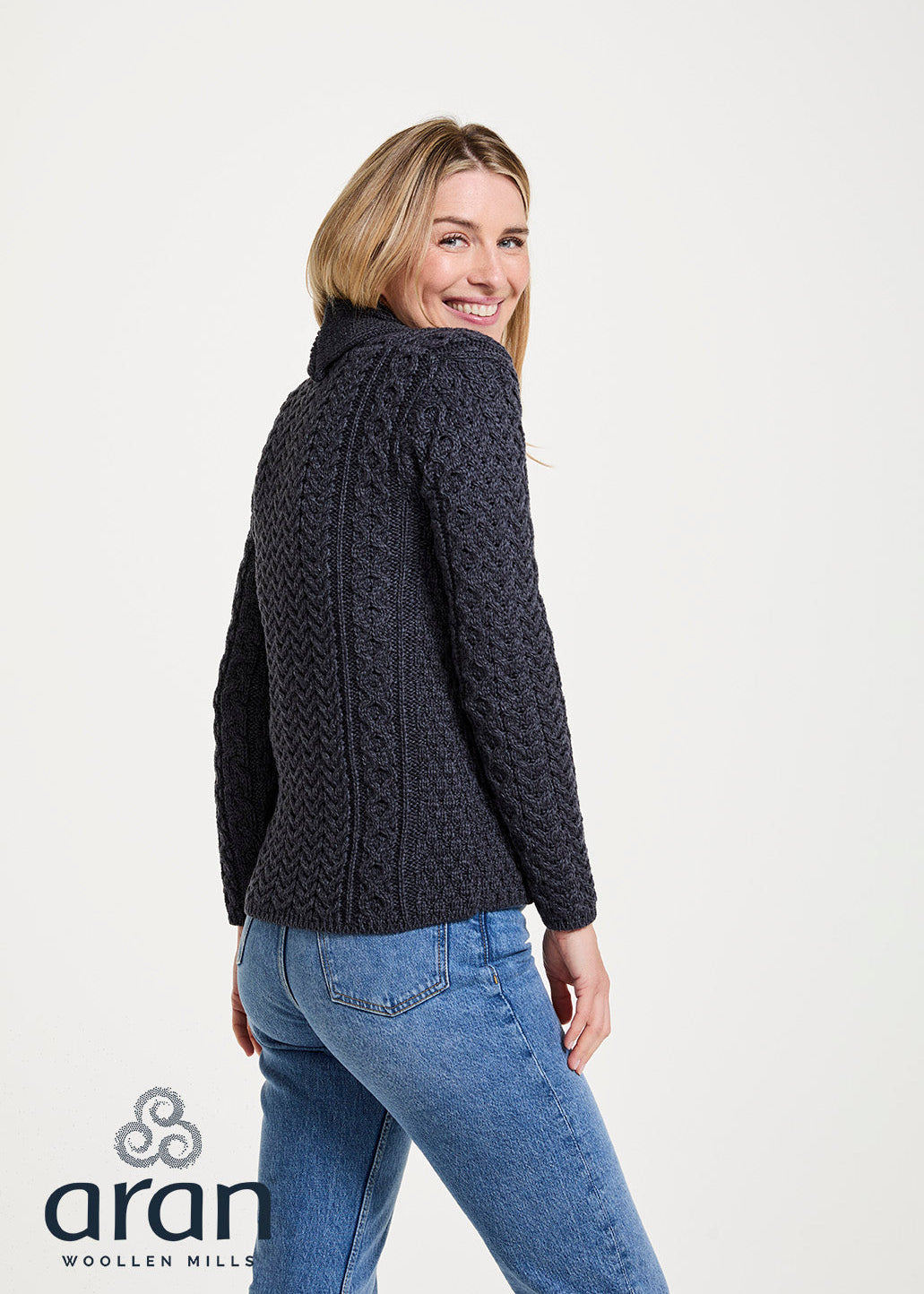 Shawl Collar Merino Aran Cardigan | Charcoal