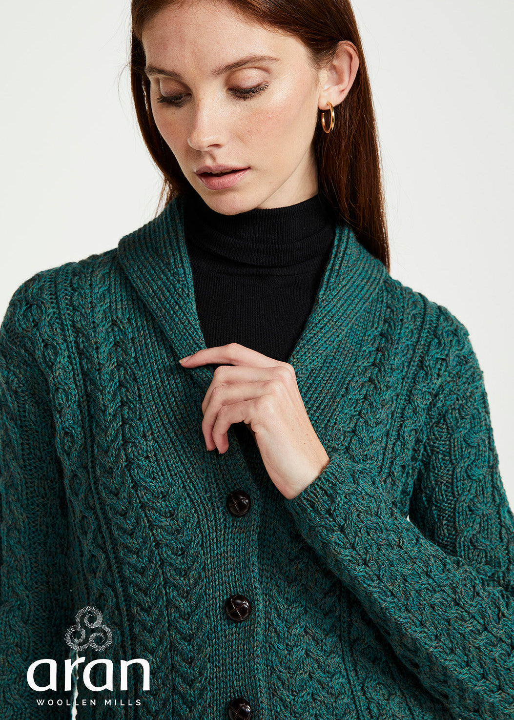 Shawl Collar Aran Cardigan | Connemara Green