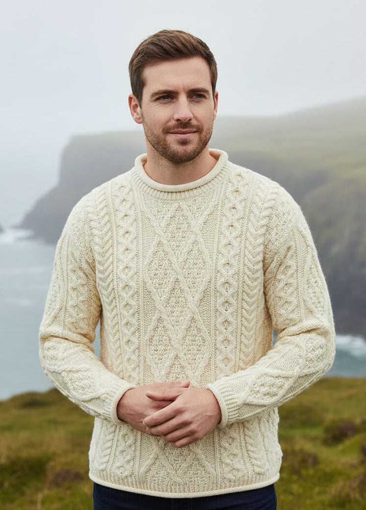 Aran Pure Wool Sweater | Traditional Irish Knitwear | Natural - Clearance