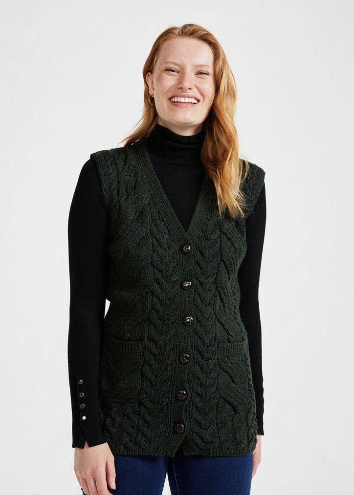 Aran Supersoft Merino Cardigan Gilet | Green