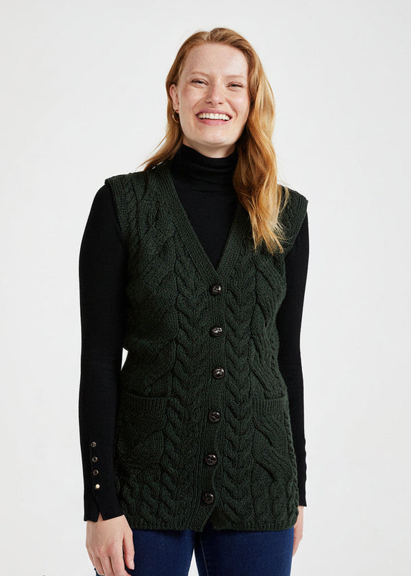 Aran Supersoft Merino Cardigan Gilet | Green