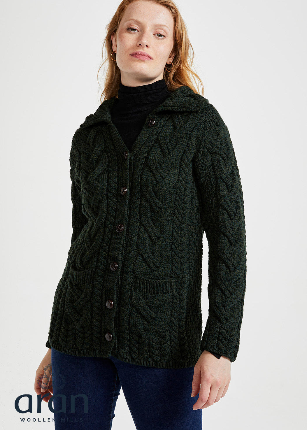 SuperSoft Merino Wool Ladies Aran Cardigan | Seaweed Green