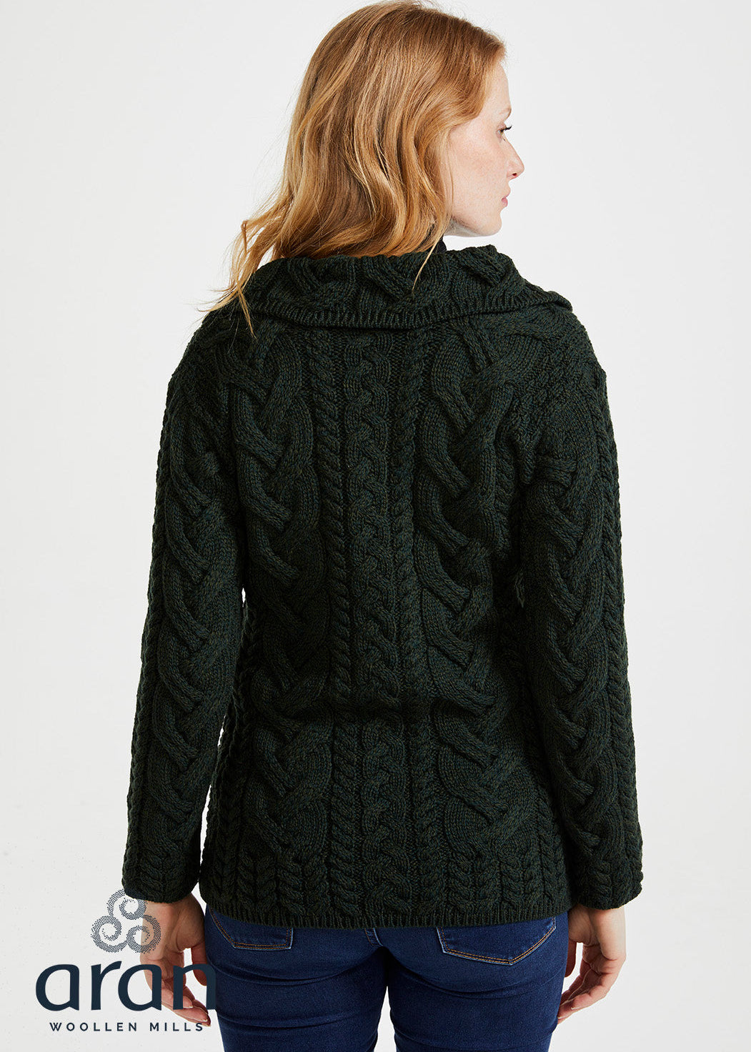 SuperSoft Merino Wool Ladies Aran Cardigan | Seaweed Green