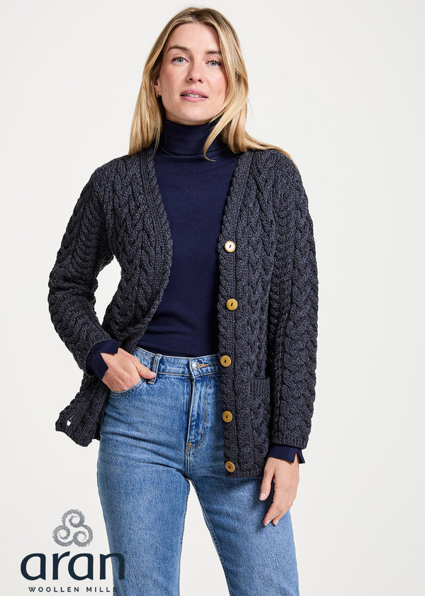 Traditional Cable Knit Aran Cardigan | Charcoal 
