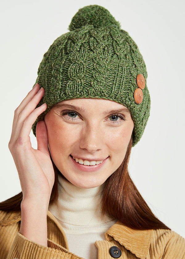 Aran Supersoft Merino Button Hat | Meadow Green